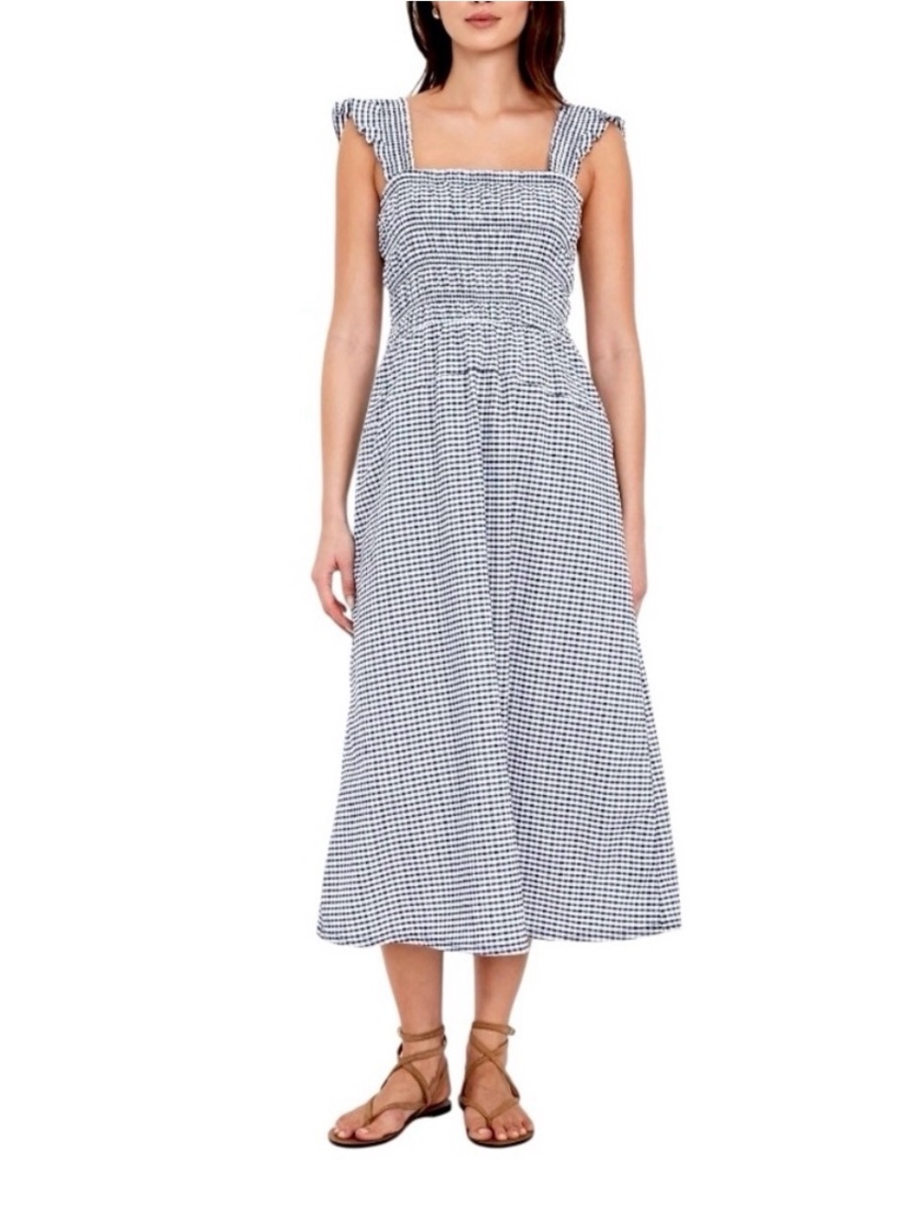 Old Navy Blue and White Gingham Smocked Midi Sundress
